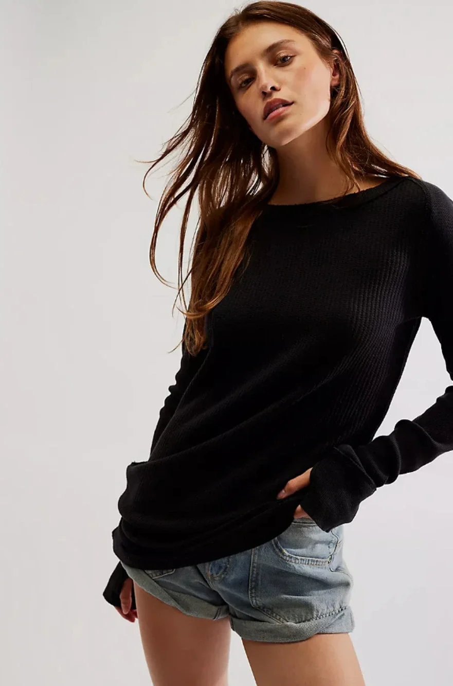 Free People Care Honey B Women Top Small Black Thermal Knit Boho Minimal Granola